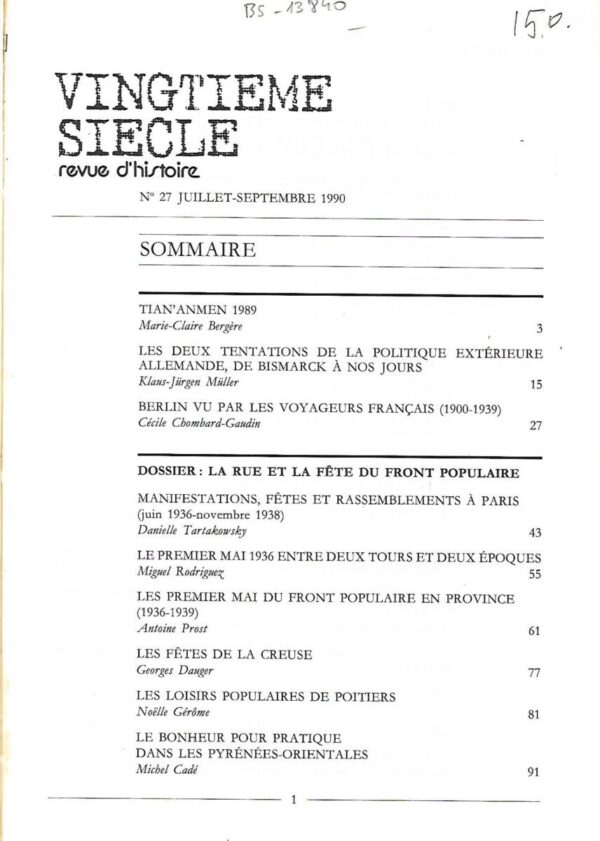 vingtième siècle, revue d'histoire, n°27, juillet-septembre 1990.