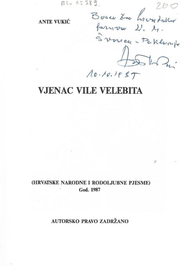 ante vukić: vijenac vile velebita - hrvatske narodne i rodoljubne pjesme (potpis autora)