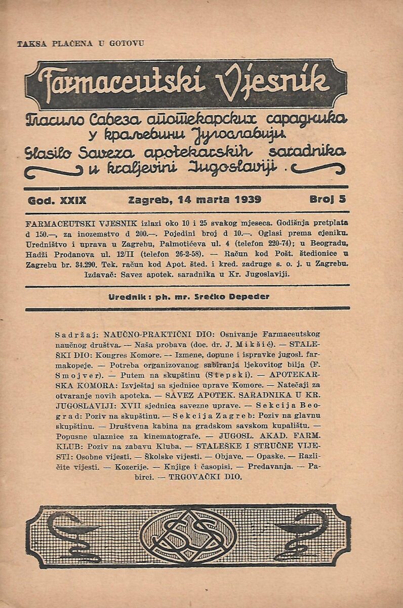 Farmaceutski vjesnik/Godina XXIX/Broj 5/1939.
