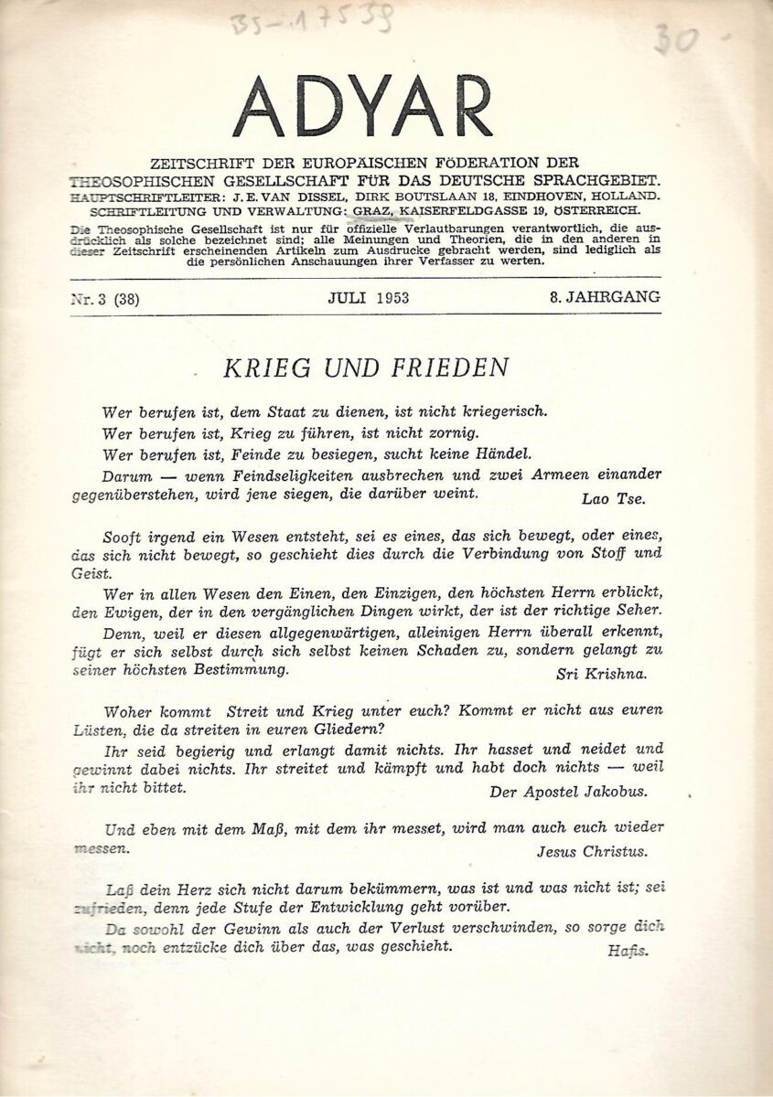 Adyar - Theosophische Zeitschrift /Nr. 3 (38)/8. Jahrgang/1953