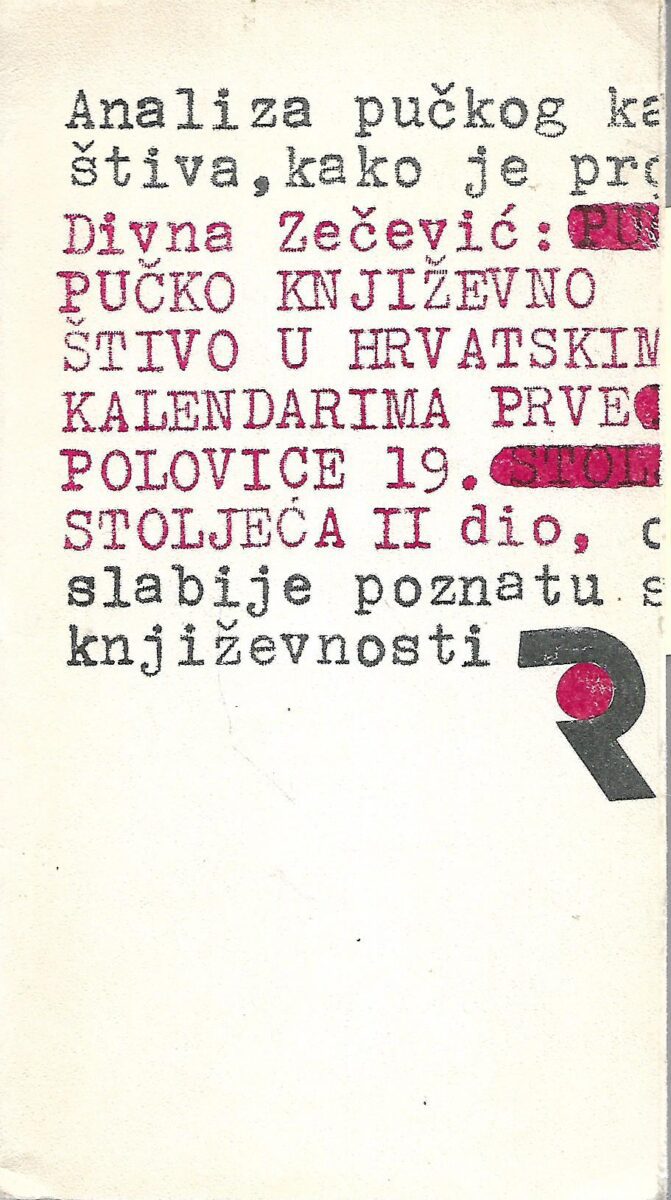 Divna Zečević: Pučko književno štivo u hrvatskim kalendarima prve polovice 19.stoljeća