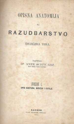Ante Schwarz: Opisna anatomija ili razbudarstvo čovječjeg tiela - Svezak I.- Opis kostura, mišića i ćutila