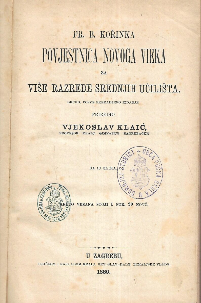 Fr.B.Korinka: Povjestnica Novog vieka za razrede srednjih učilišta