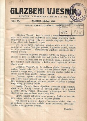 Glazbeni vjesnik - mjesečnik za promicanje glazbene kulture 1/1927