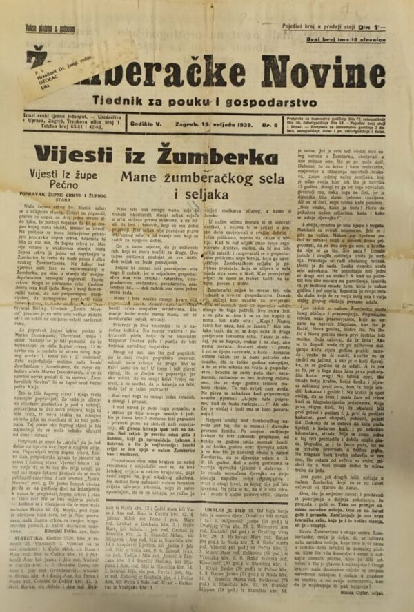 Žumberačke novine / godište v., br.8. - 19.veljače.1939.