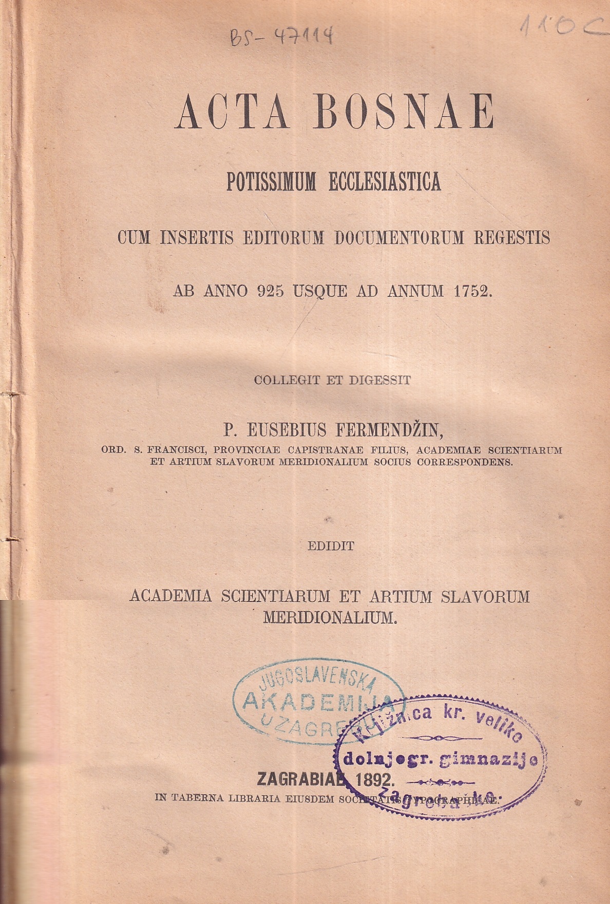eusebius fermendžin: acta bosnae