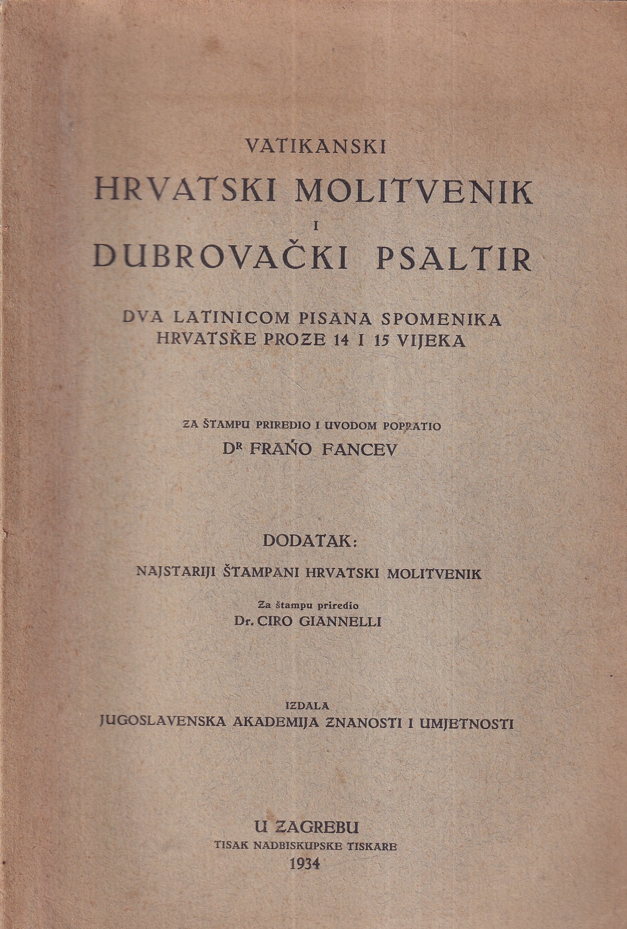 frano fancev: vatikanski hrvatski molitvenik i dubrovački psaltir