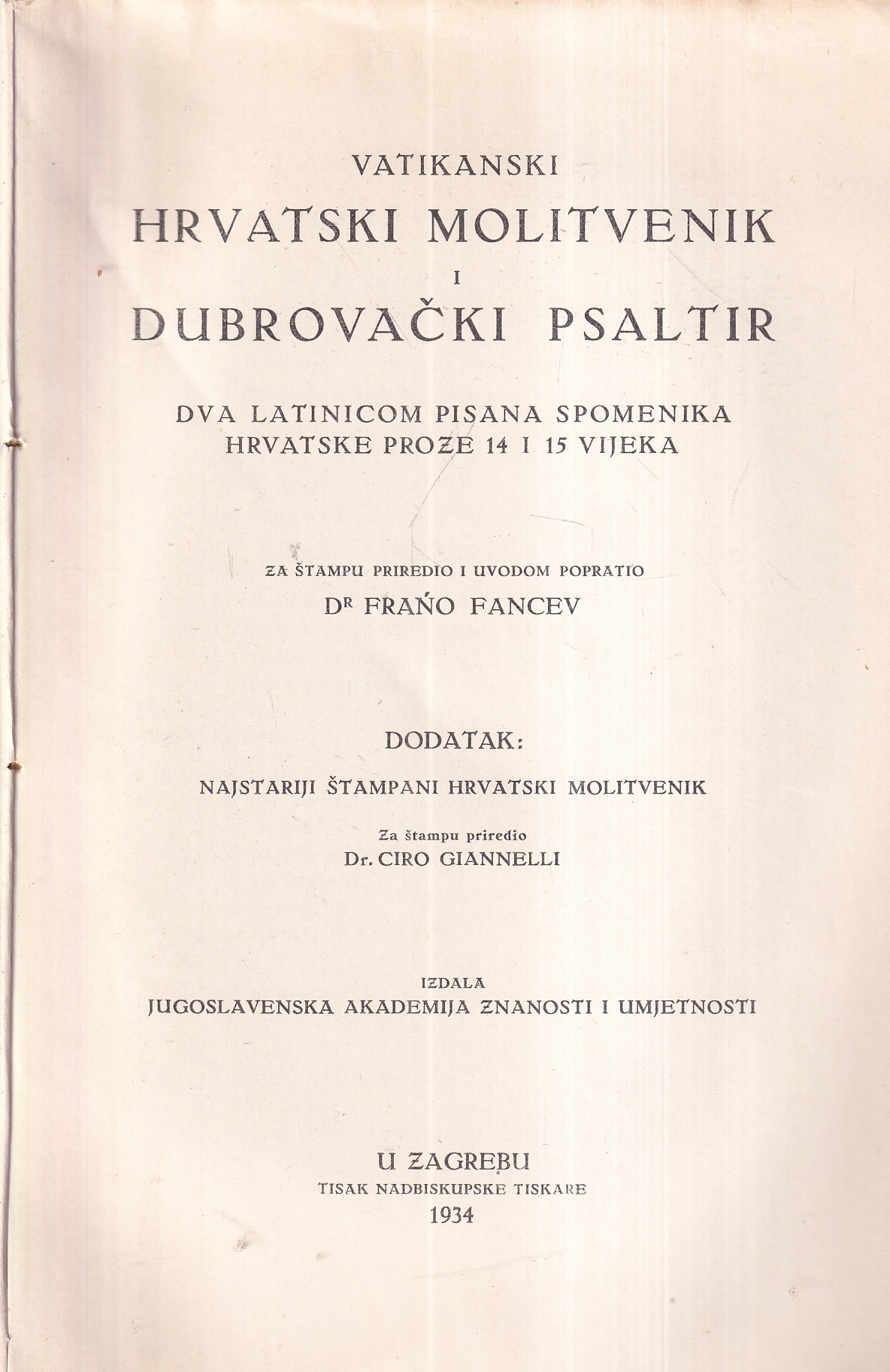 frano fancev: vatikanski hrvatski molitvenik i dubrovački psaltir