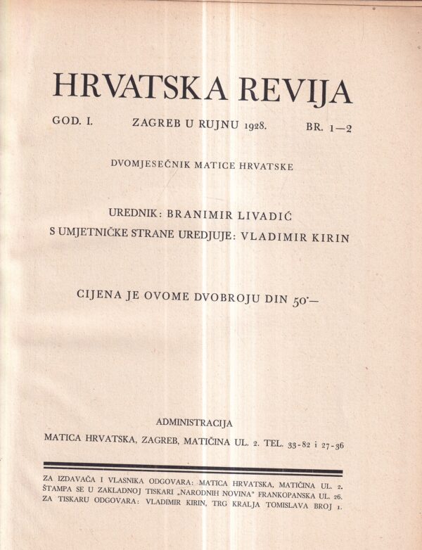 branimir livadić: hrvatska revija 1-2 1928