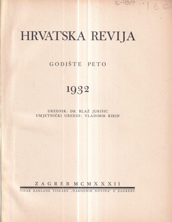blaž jurišić: hrvatska revija 1-6 1932