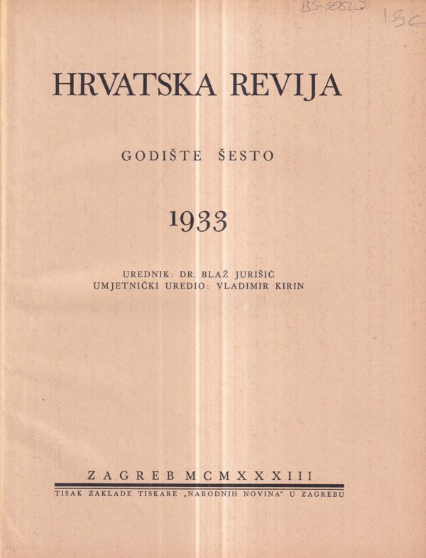 blaž jurišić: hrvatska revija 1-6 1933