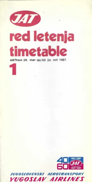 Jugoslavenski aerotransport: Red letenja od 29. marta do 24. oktobra 1987.