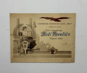 Diploma zagrebačkog koturaškog kluba "Orao" utemeljitelju Boži Paveliću