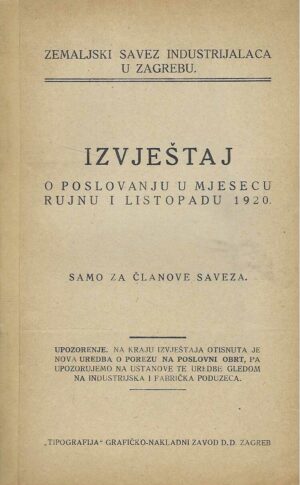 Izvještaj o poslovanju u mjesecu rujnu i listopadu 1920.