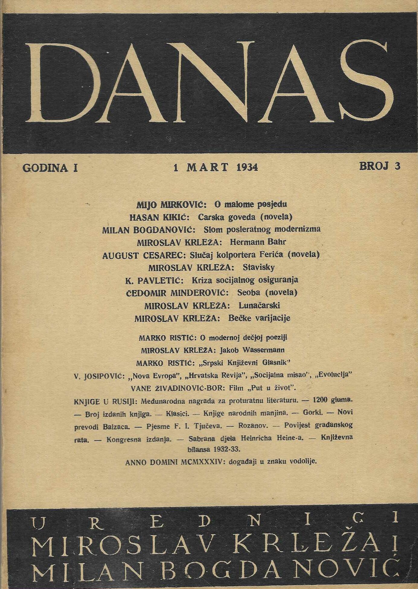 Danas - književni časopis, godina 1, brojevi 1-5 (siječanj-svibanj 1934.)