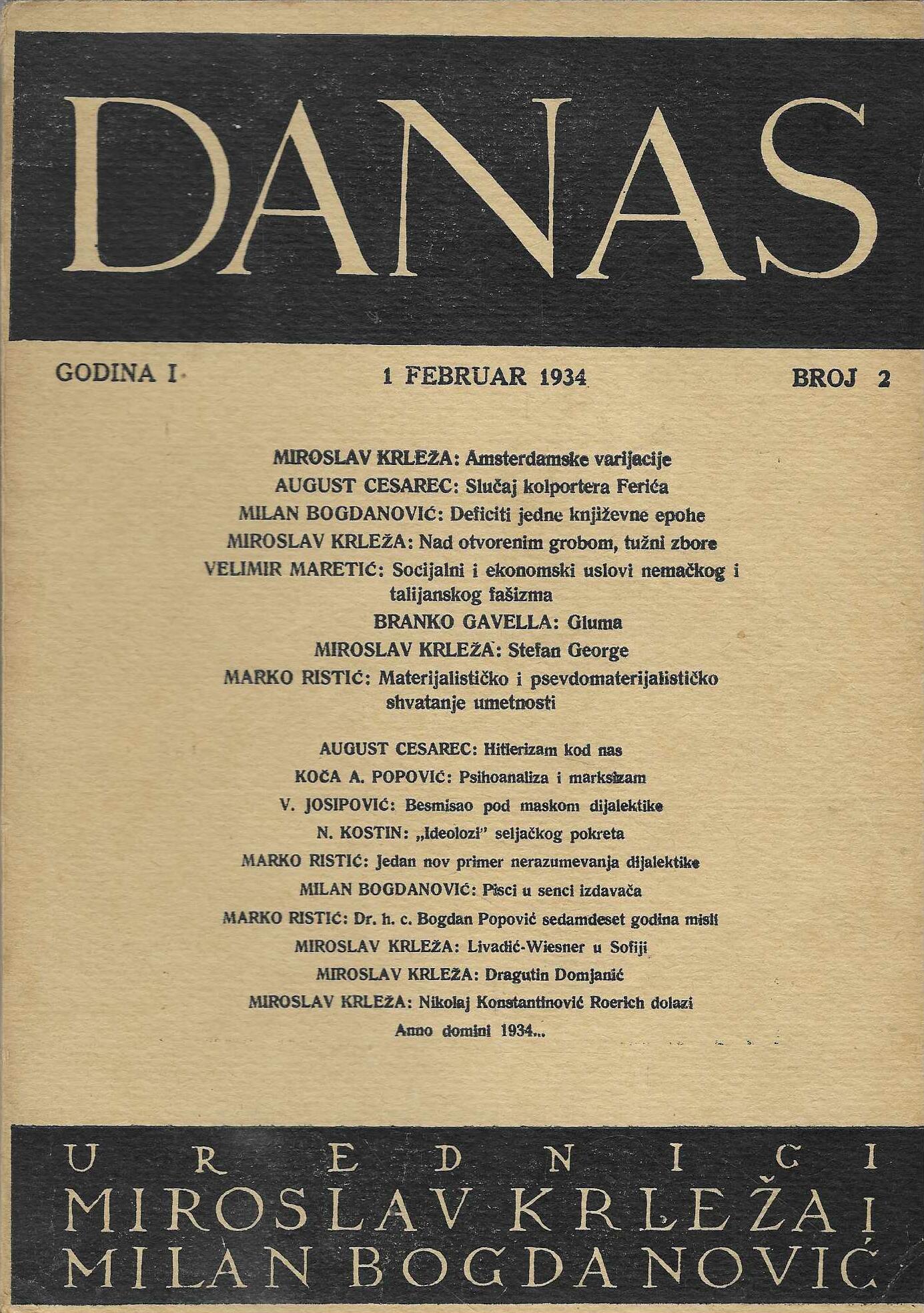 Danas - književni časopis, godina 1, brojevi 1-5 (siječanj-svibanj 1934.)