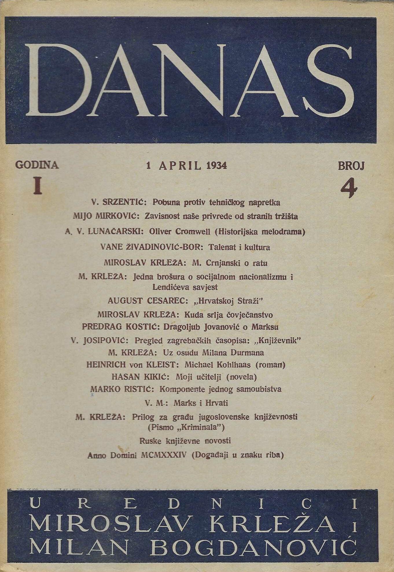 Danas - književni časopis, godina 1, brojevi 1-5 (siječanj-svibanj 1934.)