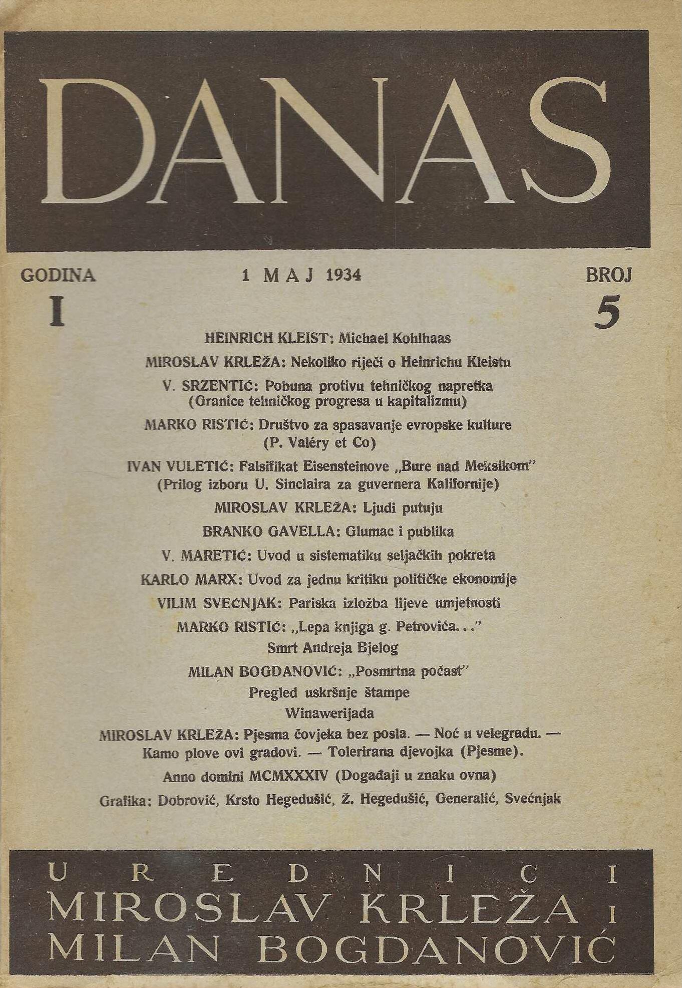 Danas - književni časopis, godina 1, brojevi 1-5 (siječanj-svibanj 1934.)