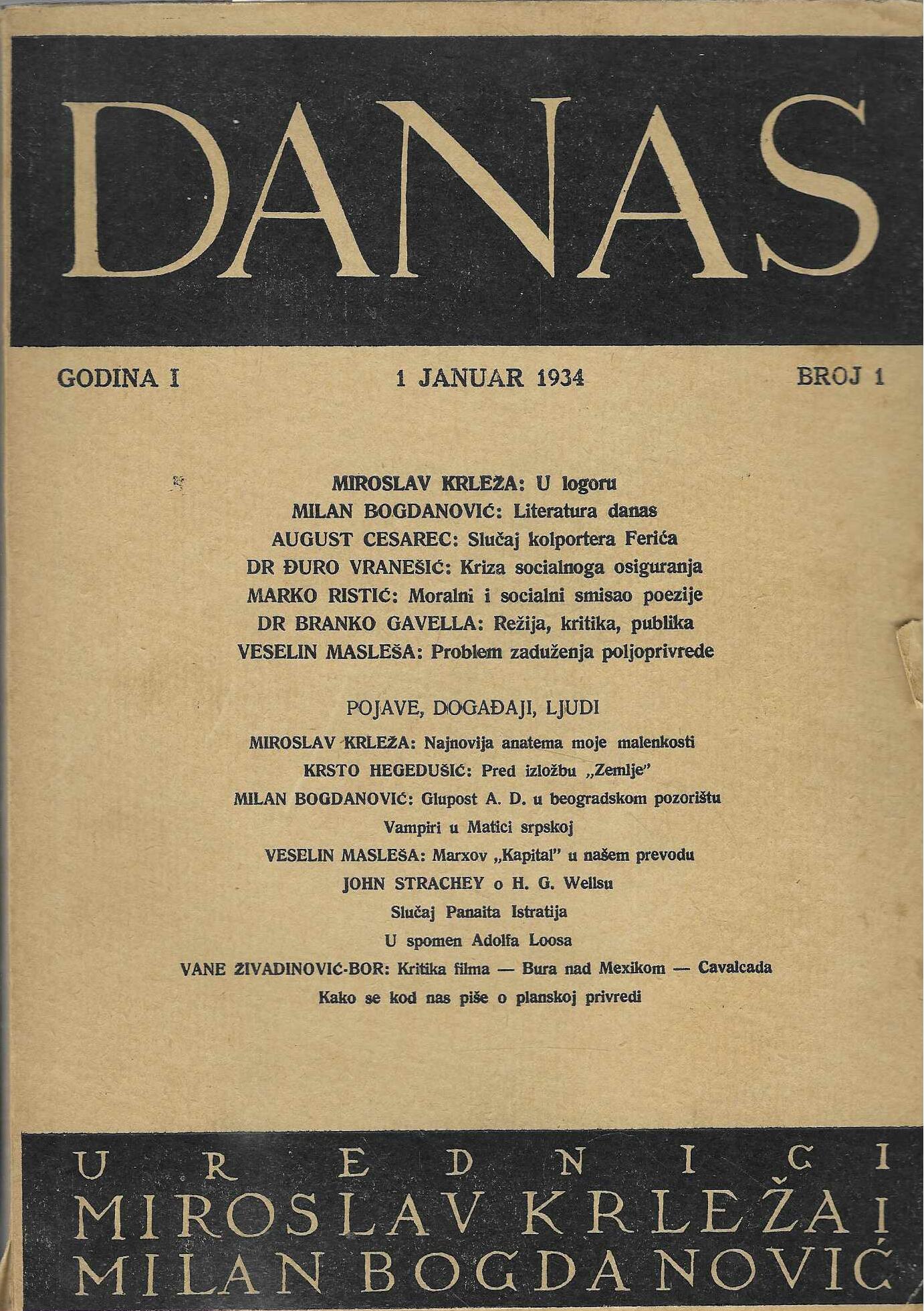 Danas - književni časopis, godina 1, brojevi 1-5 (siječanj-svibanj 1934.)